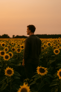 man in a sunflower field