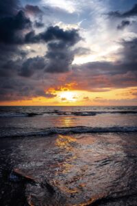 sunset, sea, beach, clouds, shore, water, nature